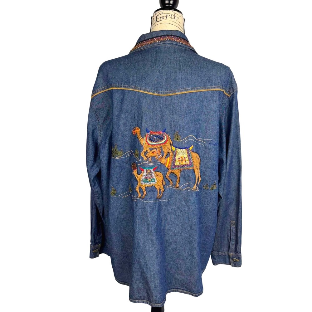 Vtg Chicos Design Denim Shirt Jacket Zip Camel Embroidery Beaded Collar Sz 3